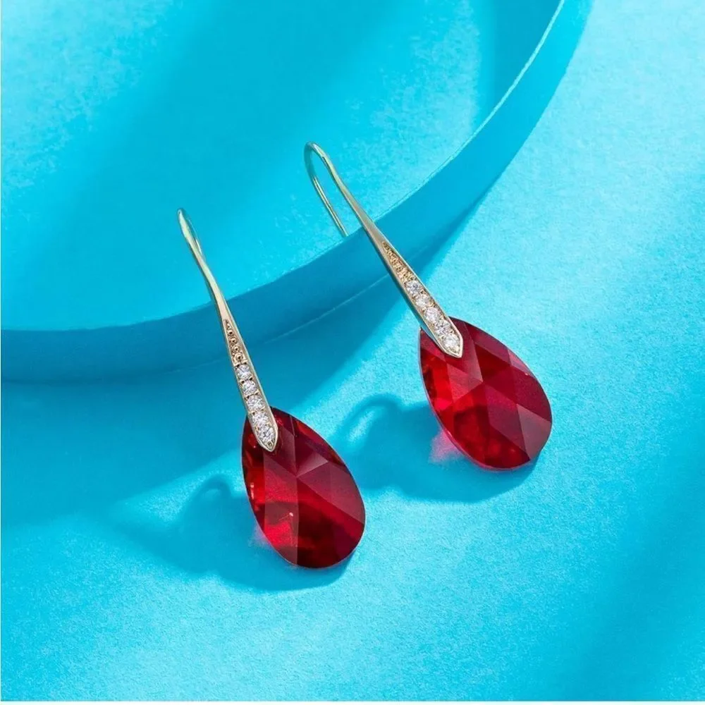 14K Yellow Gold with Ruby Red Austrian Crystal Teardrop Drop Hook Earrings